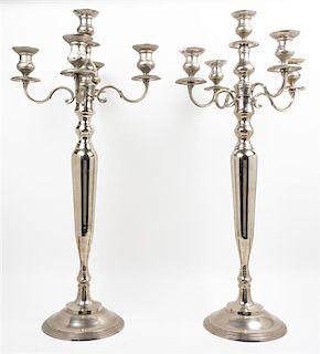 A Pair of Oversized Silver-Plate Five-Light Candelabra Height 38 1/2 inches.