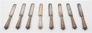 A Set of Eight American Silver Dinner Knives, Gorham Mfg. Co., Providence, RI, each with a sterling handle, monogrammed M.