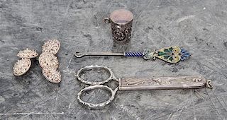 A Collection of American Silver Sewing Articles, various makers, comprising two thimbles with carrying case, a pair of scissors
