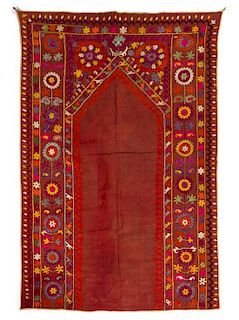 * A Suzani Embroidered Cotton Prayer Mat 55 x 36 inches.