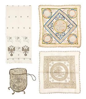* Three Ottoman Metallic Stitch Silk Articles First 23 x 23 inches.