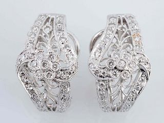 Floral Design White Gold Clip Earrings.