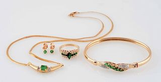Lot Of 4: Emerald Necklace Ring Earrings& Bangle.