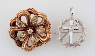 Lot Of 2: Victorian Floral Brooch & Cross Pendant.