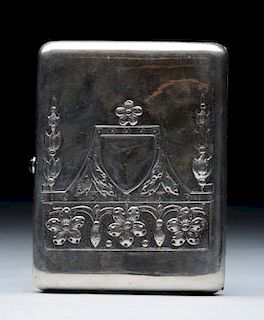 Silver Cigarette Case With Jeweled Push Button.