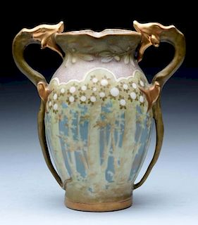 Amphora Ceramic Vase w/ 2 Applied Dragon Handles.
