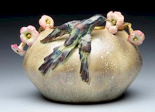 Eduard Stellmacher & Co. Ceramic Hummingbird Vase.