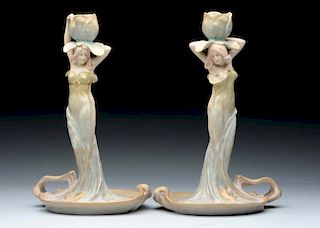 Pair of Ernst Wahliss Ceramic Figural Candlesticks