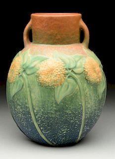 Roseville Sunflower Double Handled Pottery Vase.