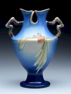 Roseville Pottery Blue Pine Cone Dbl. Handle Vase.