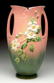 Roseville Pottery Vase With White Flowers.
