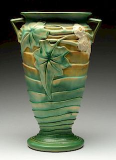 Roseville Pottery Vase With White Flowers.