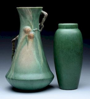 Lot Of 2: Roseville Green Pine Cone Vases.