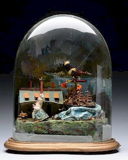 Automaton of Doll & Bird Under Glass Dome.