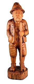 Hand Carved Wooden Man With Walking Stick.