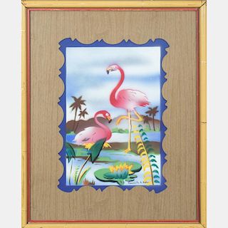 Franklin A. Bates (Ohio, 20th Century) Pinks Flamingos, Stencil print,