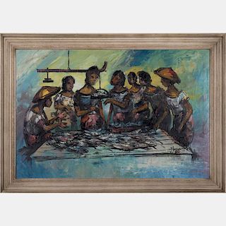 Franco Azzinari (b. 1949) Fish Market, Oil on canvas,