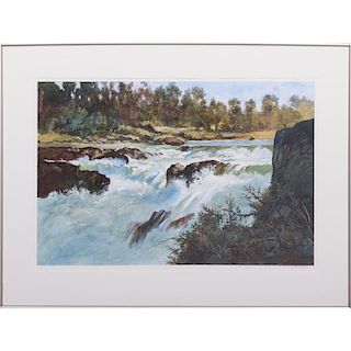 Don Trager (20th Century) River Scene, Acrylic on paper,