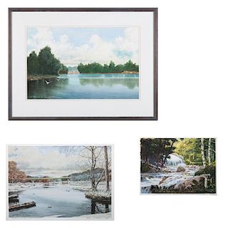 Florian K. Lawton (1921-2011) Three River and Lake Scenes, Two watercolors on paper and one lithograph,
