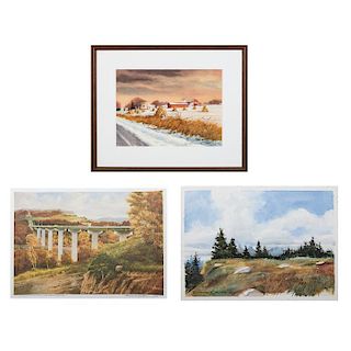Florian K. Lawton (1921-2011) Three Landscapes, Two watercolors on paper and one lithograph,