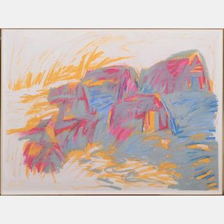 Lori Abram (20th Century) Red Roof Lagoon, Oil pastel on paper,