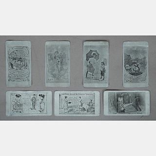 A Collection of Seven Aluminum Cards with Naughty Cartoons and Illustrations, Early 19th Century,