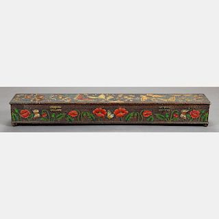 A Folk Art Pyrography-Burnt Wood Long Box with Painted Decoration, 20th Century.