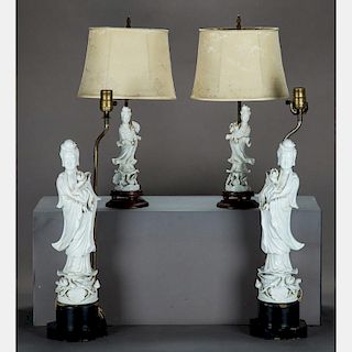 A Group of Four Chinese Blanc de Chine Guanyin Figures Mounted as Lamps, 20th Century.