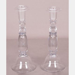 A Pair of Steuben Style Glass Candle Sticks, 20th Century.