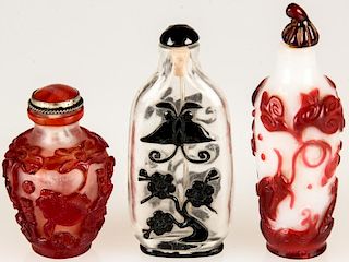3 Chinese Peking Glass Snuff Bottles