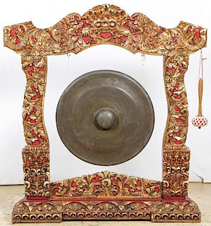 Vintgae Balinese Gong on Intricately Carved Wood Stand