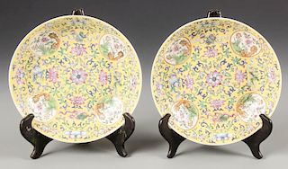 Pair of Chinese Famille Jaune Shen De Tang Zhi Plates