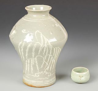 2 Korean Celadon Glazed Vessels