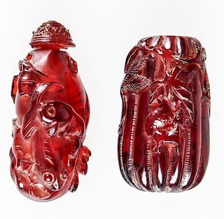 2 Chinese Carved Amber Snuff Bottles