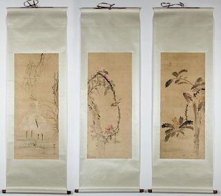 Chinese Mei Yi Zhuren, Birds and Flowers Triptych