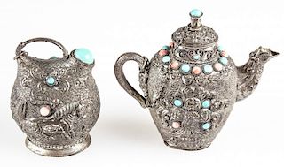 2 Mongolian Coral and Turquoise Encrusted Tea Vessels