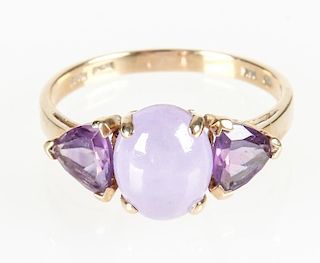 Chinese Lavender Jade and Amethyst 14K Gold Ring