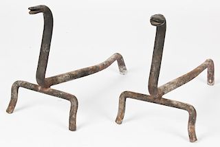 Pair Folk Art Wrought Iron Snake Form Andirons