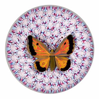 JOHN DEACONS (SCOTTISH, B. 1950) BUTTERFLY AND CLOSE-PACK MILLEFIORI PAPERWEIGHT,