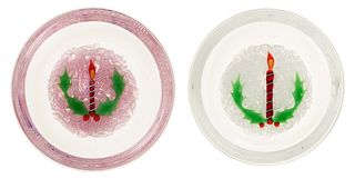 JOHN DEACONS (SCOTTISH, B. 1950) CHRISTMAS CANDLE PAPERWEIGHT DISHES, LOT OF TWO,