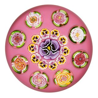 PARABELLE ARTIST PROOF PANSY AND ROSE CONCENTRIC MILLEFIORI PAPERWEIGHT,