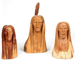 Tim Martin (American, d. 2000): 3 Carved Cedar Wood Busts
