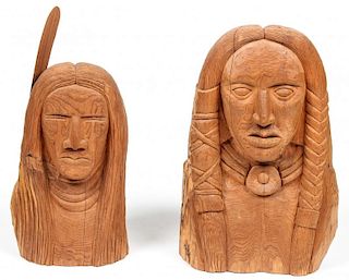 Tim Martin (American, d. 2000): 2 Carved Cedar Wood Busts, 1985-1986, each signed