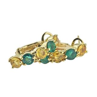 18k Gold Sapphire Emerald Half Hoop Earrings