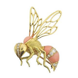Cartier 18k Gold Coral Diamond Insect Wasp Bee Brooch 