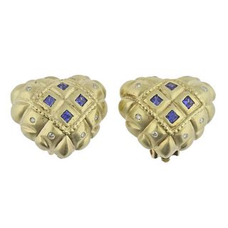 14k Gold Diamond Sapphire Heart Earrings