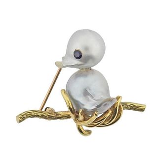 1960s 18k Gold Pearl Sapphire Bird Chick Brooch