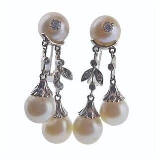 Midcentury 14k Gold Diamond Pearl Earrings