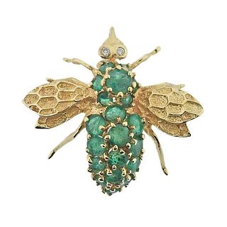 14k Gold Emerald Diamond Bee  Insect Brooch Pin
