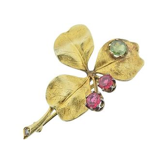 Antique Russian 14k Gold Ruby Peridot Diamond Leaf Brooch Pin